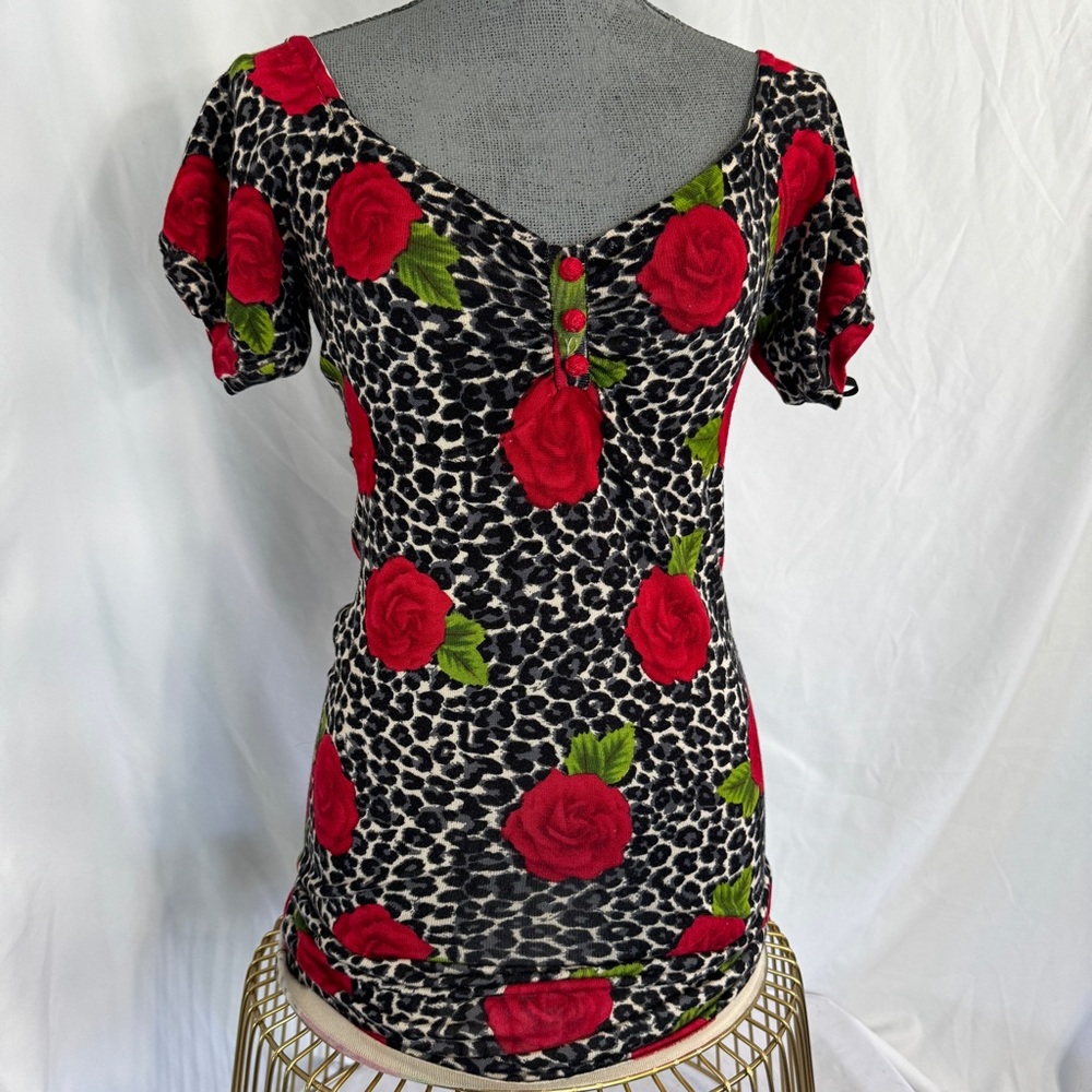 Forever 21 VtG Dress Leopard Roses Sz M Stretch Knit Y2K  Rockabilly Viva